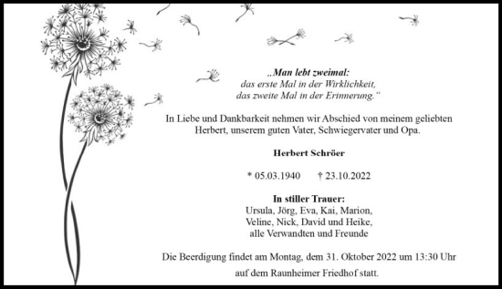 Traueranzeige von Herbert Schröer von vrm-trauer Rüsselsheimer Echo / MainSpitze
