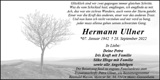 Traueranzeige von Hermann Ullner von vrm-trauer AZ Mainz