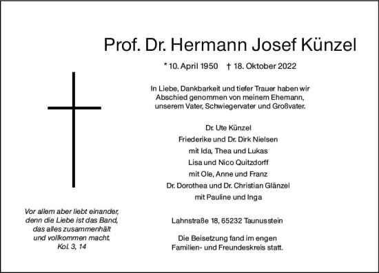 Traueranzeige von Hermann Josef Künzel von vrm-trauer Wiesbadener Kurier