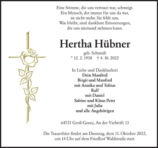 Traueranzeige von Hertha Hübner von vrm-trauer Groß-Gerauer Echo