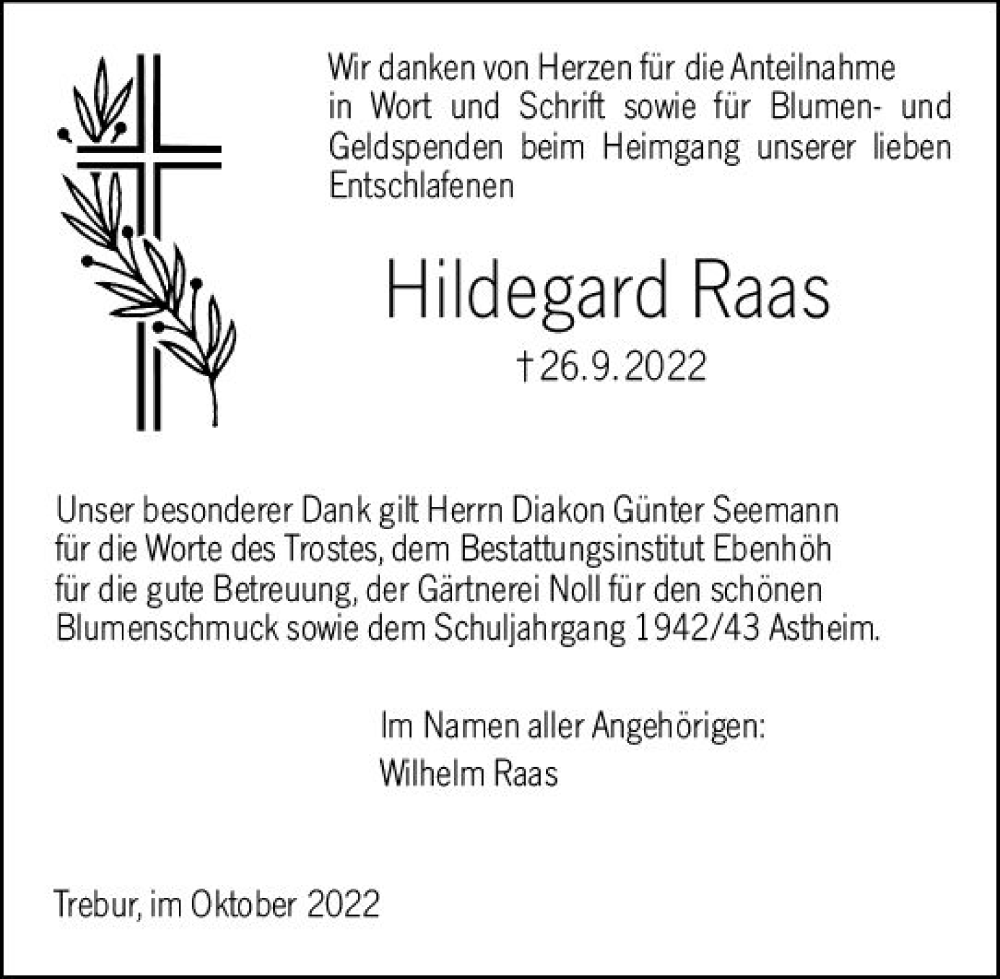  Traueranzeige für Hildegard Raas vom 22.10.2022 aus vrm-trauer Groß-Gerauer Echo