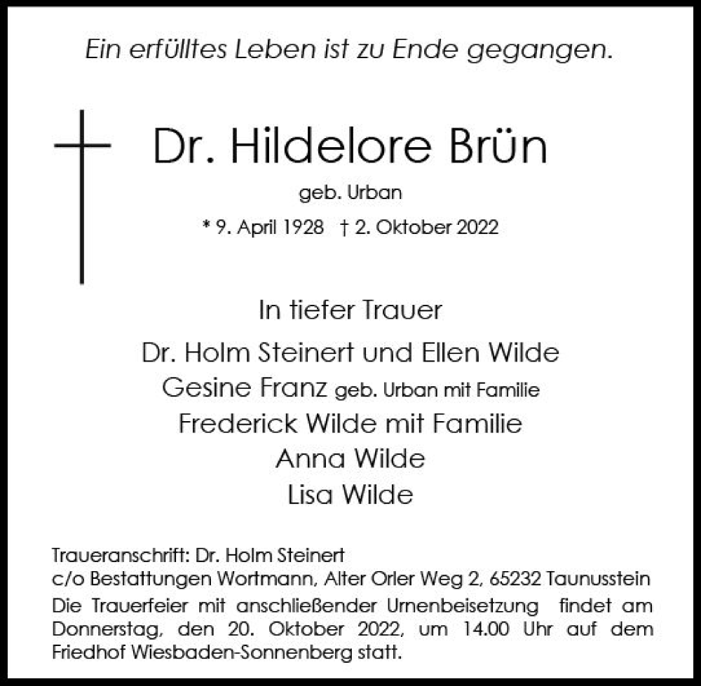  Traueranzeige für Hildelore Brün vom 08.10.2022 aus vrm-trauer Wiesbadener Kurier