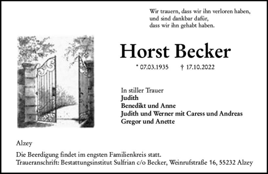 Traueranzeige von Horst Becker von vrm-trauer Allgemeine Zeitung Alzey