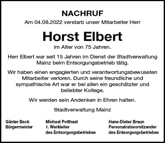 Traueranzeige von Horst Elbert von vrm-trauer AZ Mainz
