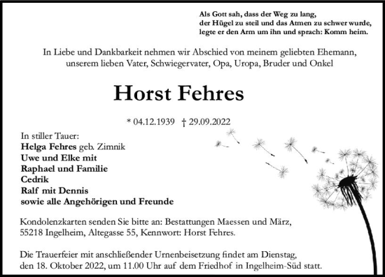 Traueranzeige von Horst Fehres von vrm-trauer Allgemeine  Zeitung Ingelheim-Bingen