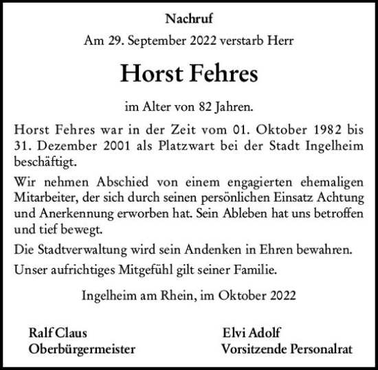 Traueranzeige von Horst Fehres von vrm-trauer Allgemeine  Zeitung Ingelheim-Bingen