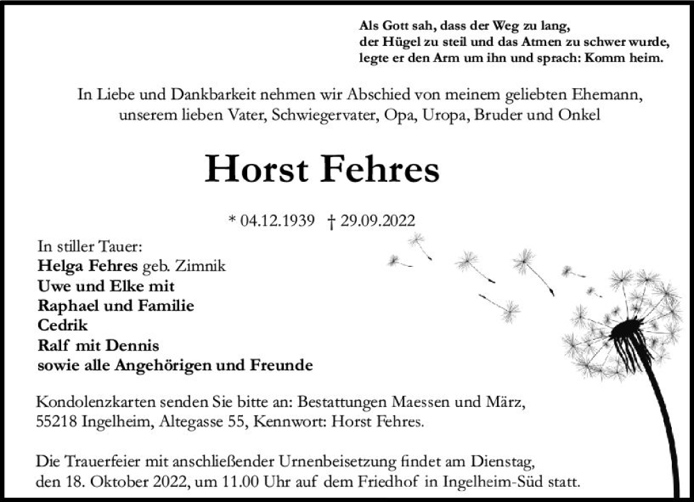  Traueranzeige für Horst Fehres vom 15.10.2022 aus vrm-trauer Allgemeine  Zeitung Ingelheim-Bingen