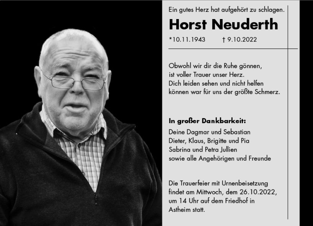  Traueranzeige für Horst Neuderth vom 22.10.2022 aus vrm-trauer Rüsselsheimer Echo / MainSpitze