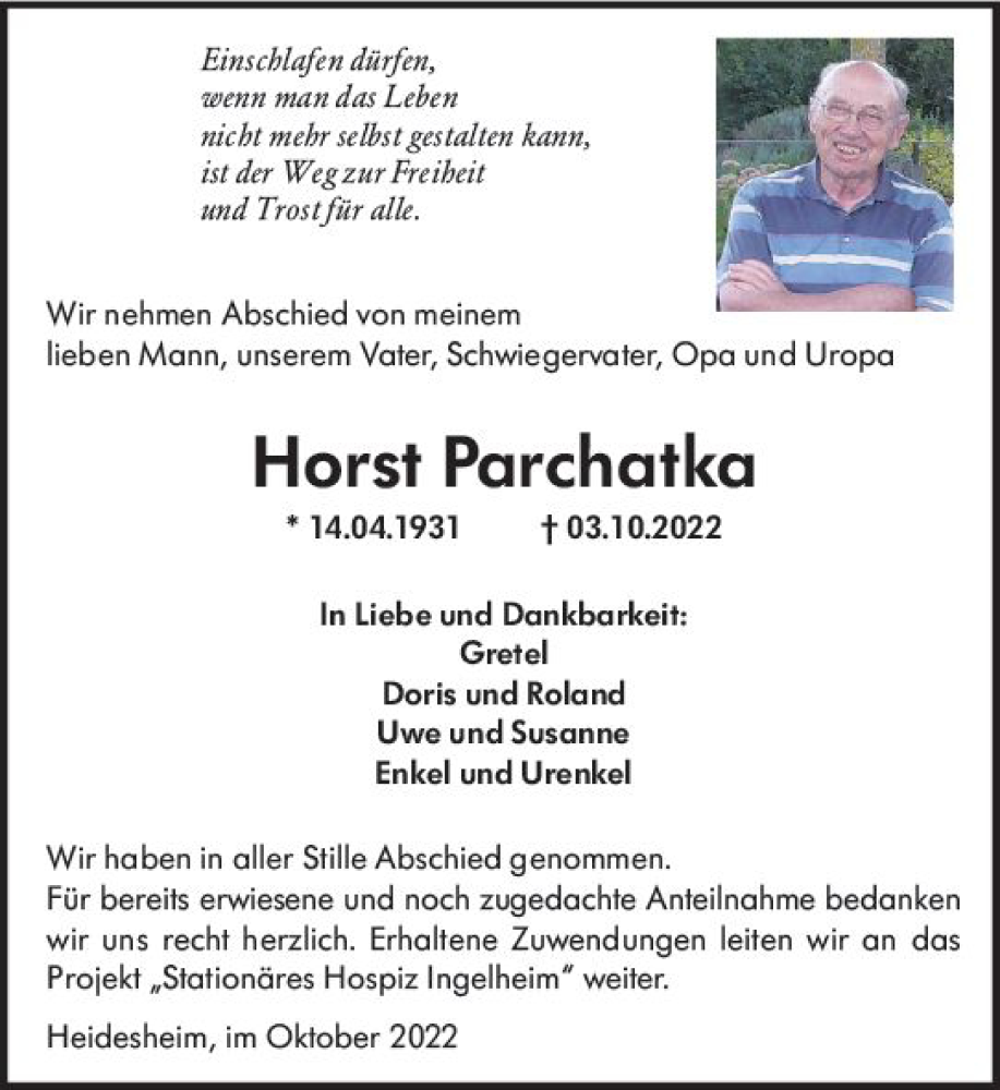  Traueranzeige für Horst Parchatka vom 29.10.2022 aus vrm-trauer Allgemeine  Zeitung Ingelheim-Bingen