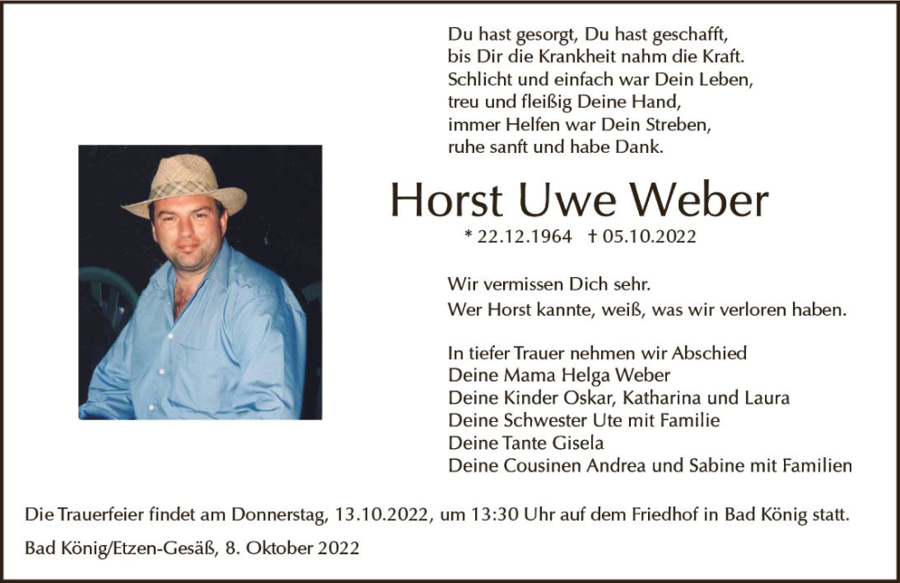  Traueranzeige für Horst Uwe Weber vom 08.10.2022 aus vrm-trauer Odenwälder Echo