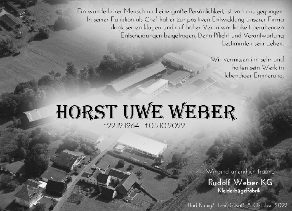  Traueranzeige für Horst Uwe Weber vom 08.10.2022 aus vrm-trauer Odenwälder Echo