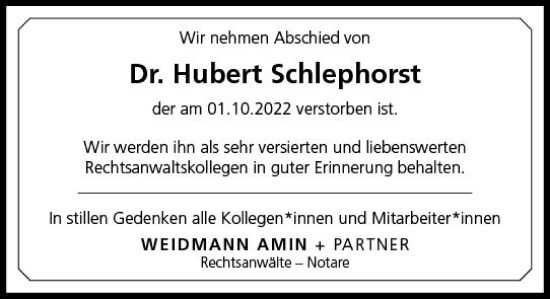 Traueranzeige von Hubert Schlephorst von vrm-trauer Wiesbadener Kurier