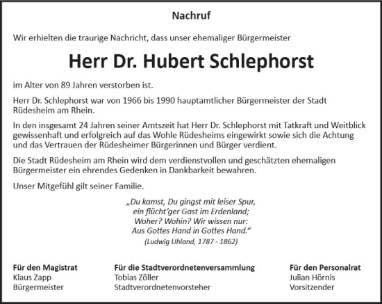 Traueranzeige von Hubert Schlephorst von vrm-trauer Wiesbadener Kurier