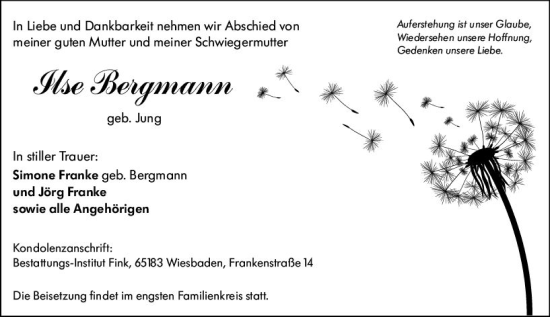 Traueranzeige von Ilse Bergmann von vrm-trauer Wiesbadener Kurier