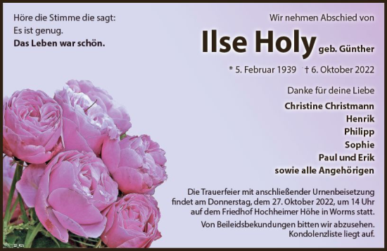 Traueranzeige von Ilse Holy von vrm-trauer Wormser Zeitung