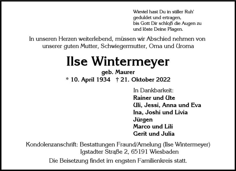  Traueranzeige für Ilse Wintermeyer vom 29.10.2022 aus vrm-trauer Wiesbadener Kurier