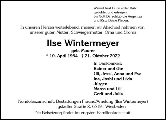 Traueranzeige von Ilse Wintermeyer von vrm-trauer Wiesbadener Kurier