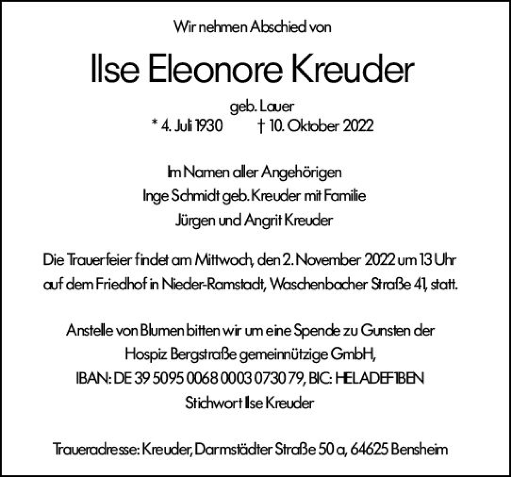  Traueranzeige für Ilse Eleonore Kreuder vom 29.10.2022 aus vrm-trauer Darmstädter Echo
