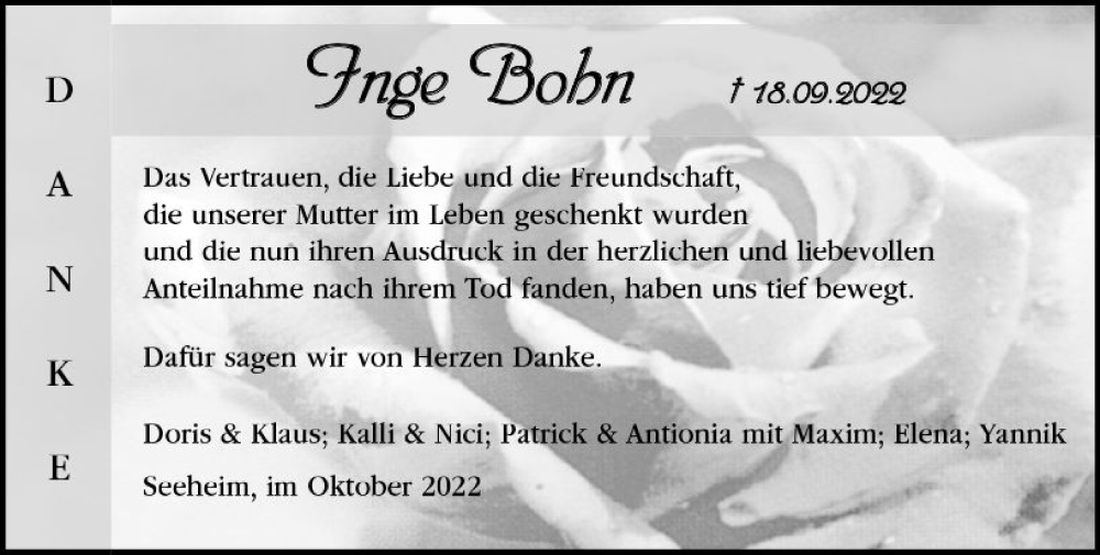  Traueranzeige für Inge Bohm vom 15.10.2022 aus vrm-trauer Darmstädter Echo