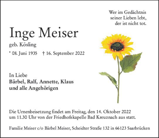 Traueranzeige von Inge Meiser von vrm-trauer Allg. Zeitung Bad Kreuznach