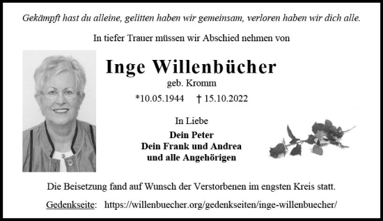 Traueranzeige von Inge Willenbücher von vrm-trauer Darmstädter Echo