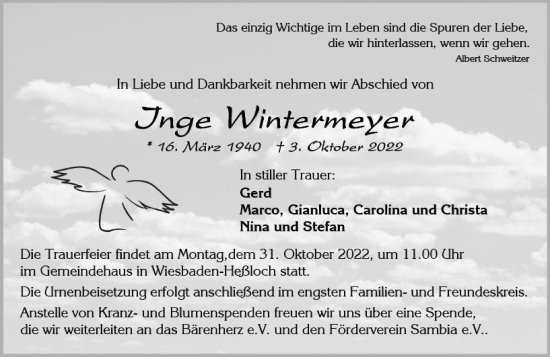 Traueranzeige von Inge Wintermeyer von vrm-trauer Wiesbadener Kurier