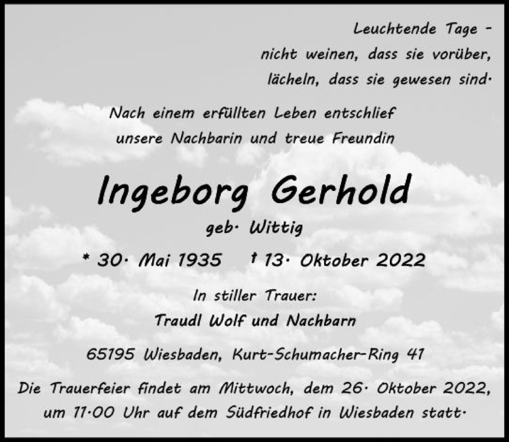  Traueranzeige für Ingeborg Gerhold vom 22.10.2022 aus vrm-trauer Wiesbadener Kurier