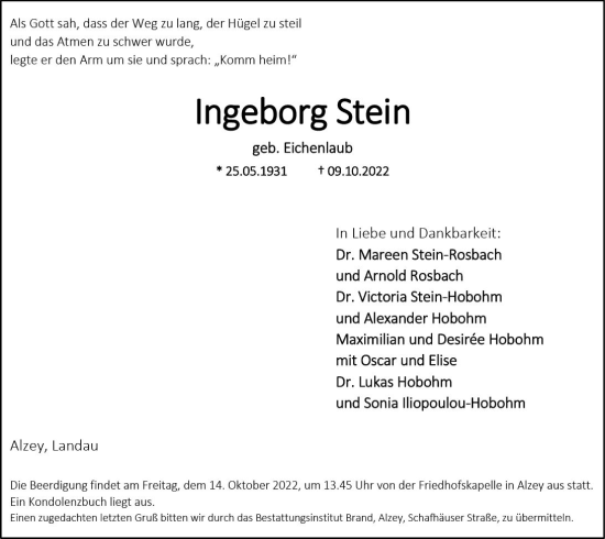 Traueranzeige von Ingeborg Stein von vrm-trauer Allgemeine Zeitung Alzey