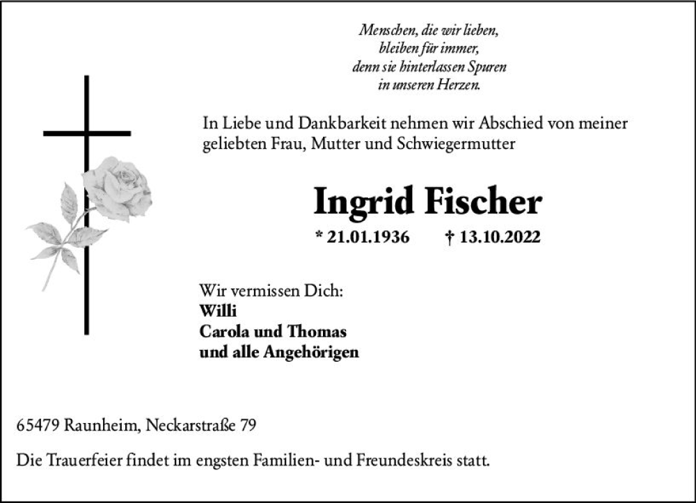  Traueranzeige für Ingrid Fischer vom 22.10.2022 aus vrm-trauer Rüsselsheimer Echo / MainSpitze
