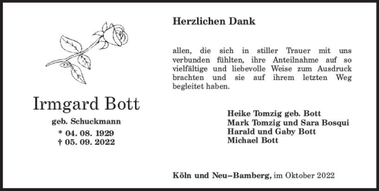 Traueranzeige von Irmgard Bott von vrm-trauer Allg. Zeitung Bad Kreuznach