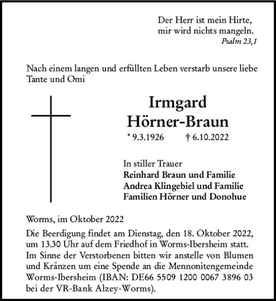 Traueranzeige von Irmgard Hörner-Braun von vrm-trauer Wormser Zeitung