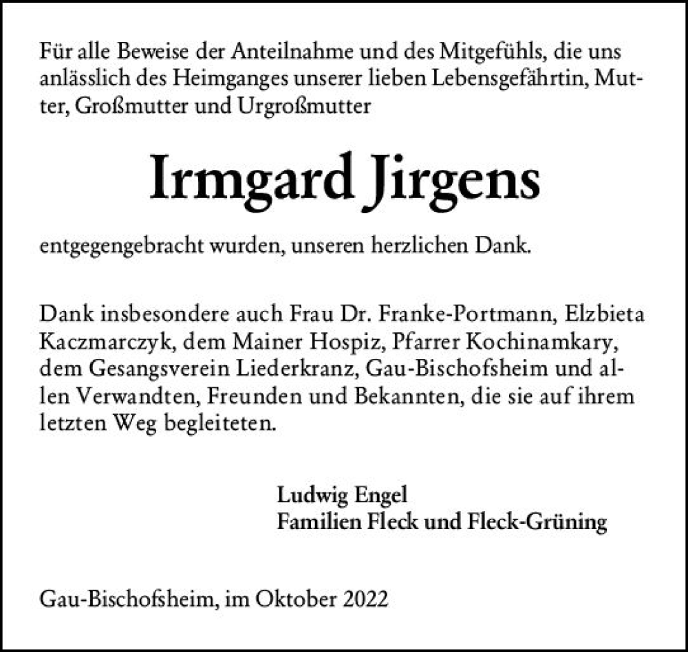  Traueranzeige für Irmgard Jirgens vom 29.10.2022 aus vrm-trauer AZ Mainz