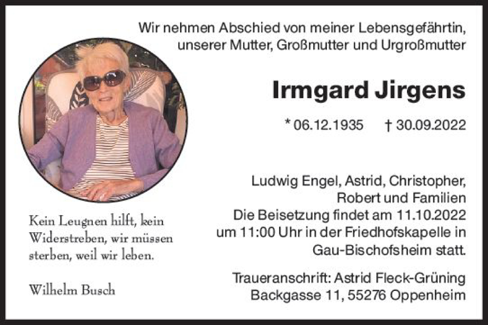  Traueranzeige für Irmgard Jirgens vom 08.10.2022 aus vrm-trauer AZ Mainz