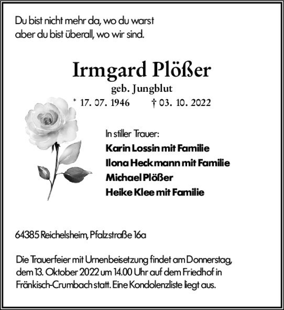  Traueranzeige für Irmgard Plößer vom 11.10.2022 aus vrm-trauer Odenwälder Echo