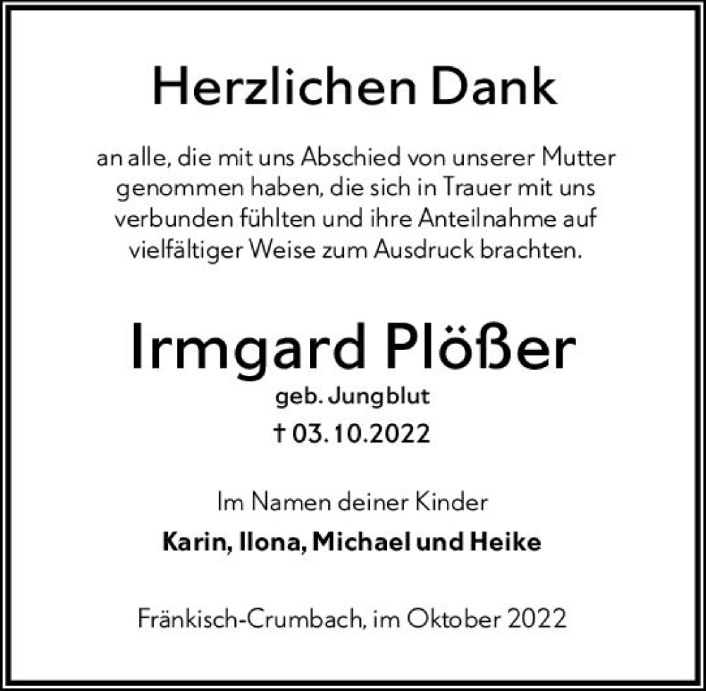  Traueranzeige für Irmgard Plößer vom 29.10.2022 aus vrm-trauer Odenwälder Echo