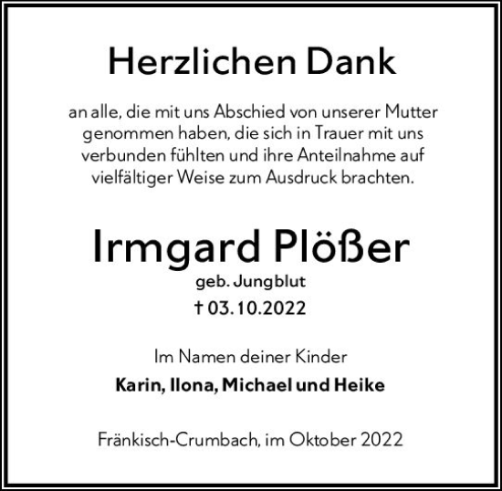 Traueranzeige von Irmgard Plößer von vrm-trauer Odenwälder Echo