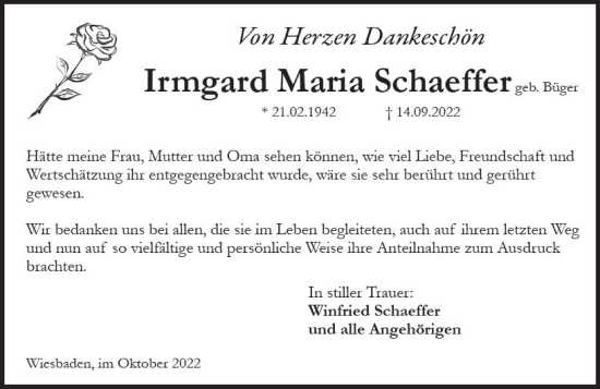 Traueranzeige von Irmgard Maria Schaeffer von vrm-trauer Wiesbadener Kurier