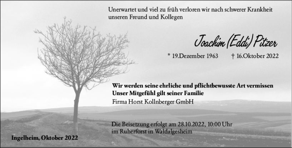  Traueranzeige für Joachim Pitzer vom 26.10.2022 aus vrm-trauer Allgemeine  Zeitung Ingelheim-Bingen