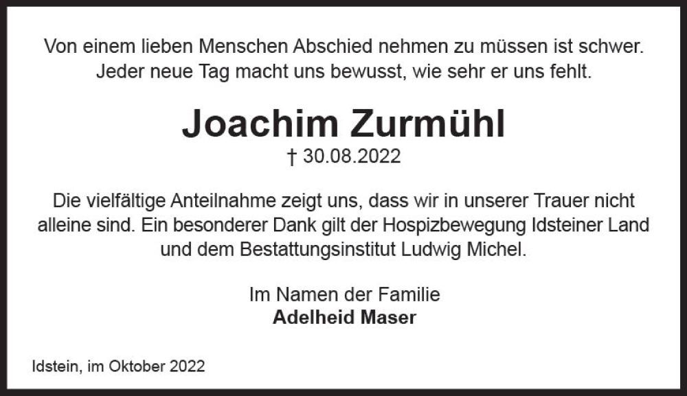  Traueranzeige für Joachim Zurmühl vom 08.10.2022 aus vrm-trauer Idsteiner Zeitung