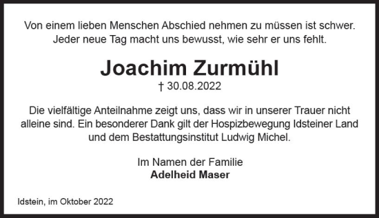 Traueranzeige von Joachim Zurmühl von vrm-trauer Idsteiner Zeitung