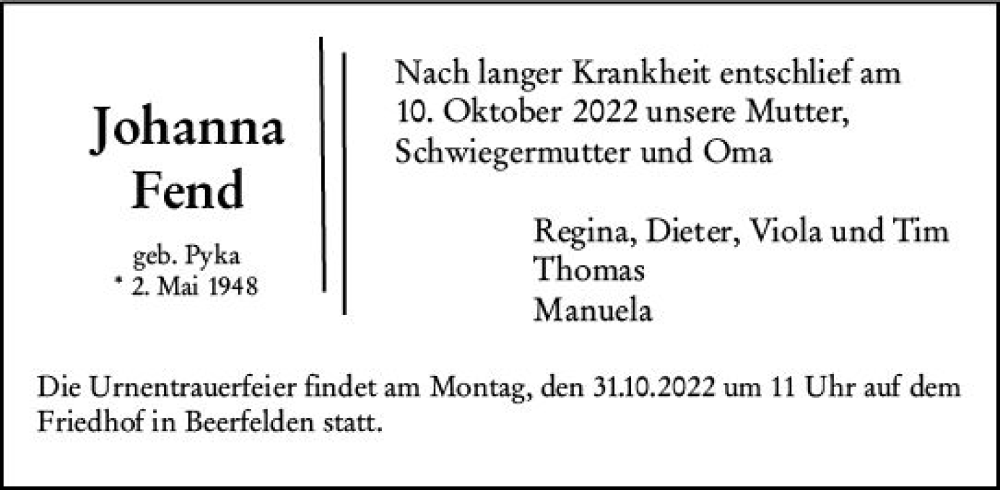  Traueranzeige für Johanna Fend vom 22.10.2022 aus vrm-trauer Odenwälder Echo