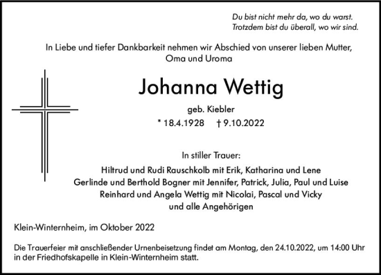 Traueranzeige von Johanna Wettig von vrm-trauer AZ Mainz
