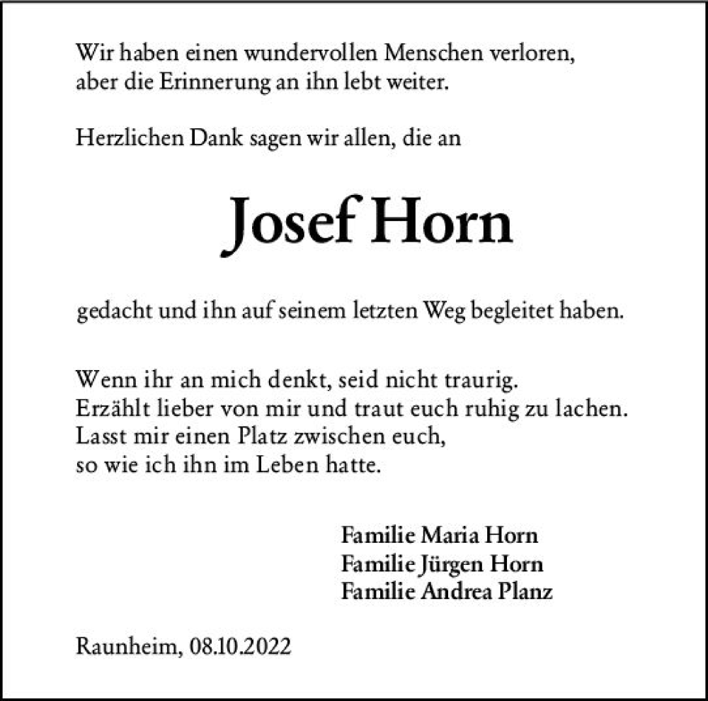  Traueranzeige für Josef Horn vom 08.10.2022 aus vrm-trauer Rüsselsheimer Echo / MainSpitze