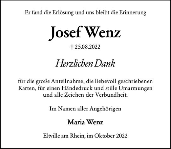 Traueranzeige von Josef Wenz von vrm-trauer Wiesbadener Kurier