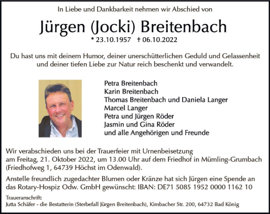 Traueranzeige von Jürgen Breitenbach von vrm-trauer Odenwälder Echo