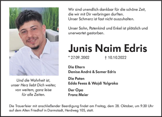 Traueranzeige von Junis Naim Edris von vrm-trauer Darmstädter Echo