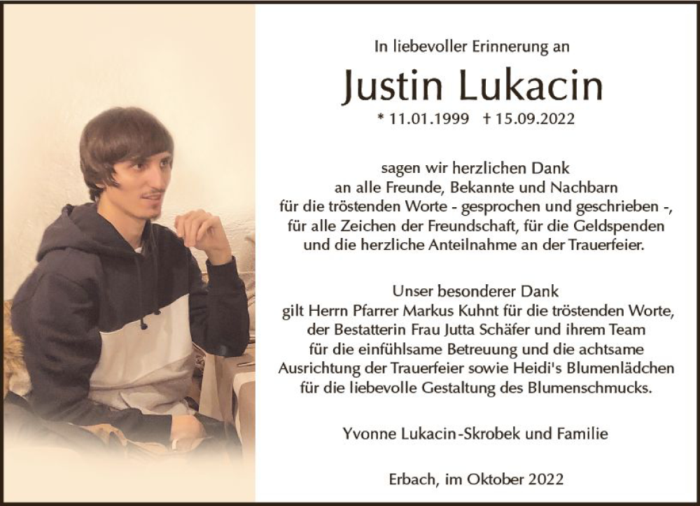  Traueranzeige für Justin Lukacin vom 29.10.2022 aus vrm-trauer Odenwälder Echo