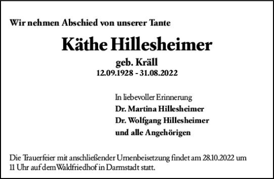 Traueranzeige von Käthe Hillesheimer von vrm-trauer Darmstädter Echo