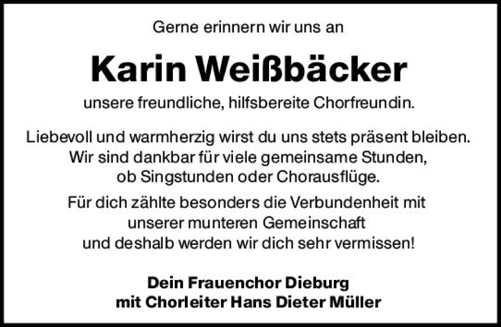  Traueranzeige für Karin Weißbäcker vom 29.10.2022 aus vrm-trauer DieburgerAnzeiger/Groß-Zimmerner Lokala