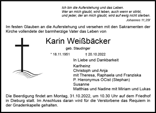 Traueranzeige von Karin Weißbäcker von vrm-trauer DieburgerAnzeiger/Groß-Zimmerner Lokala